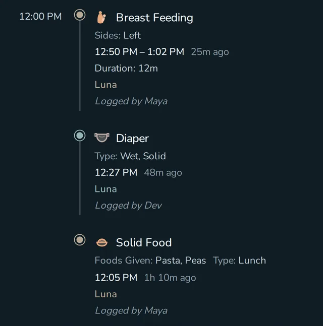 Rhythm's shared timeline: a breast feeding logged by Maya, a diaper logged by Dev, and a solid food logged by Maya, all in one household record