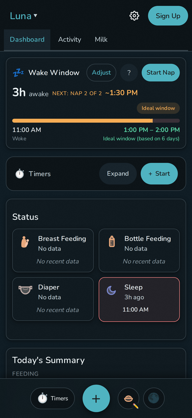 Rhythm dashboard showing wake window, status tiles, and quick actions