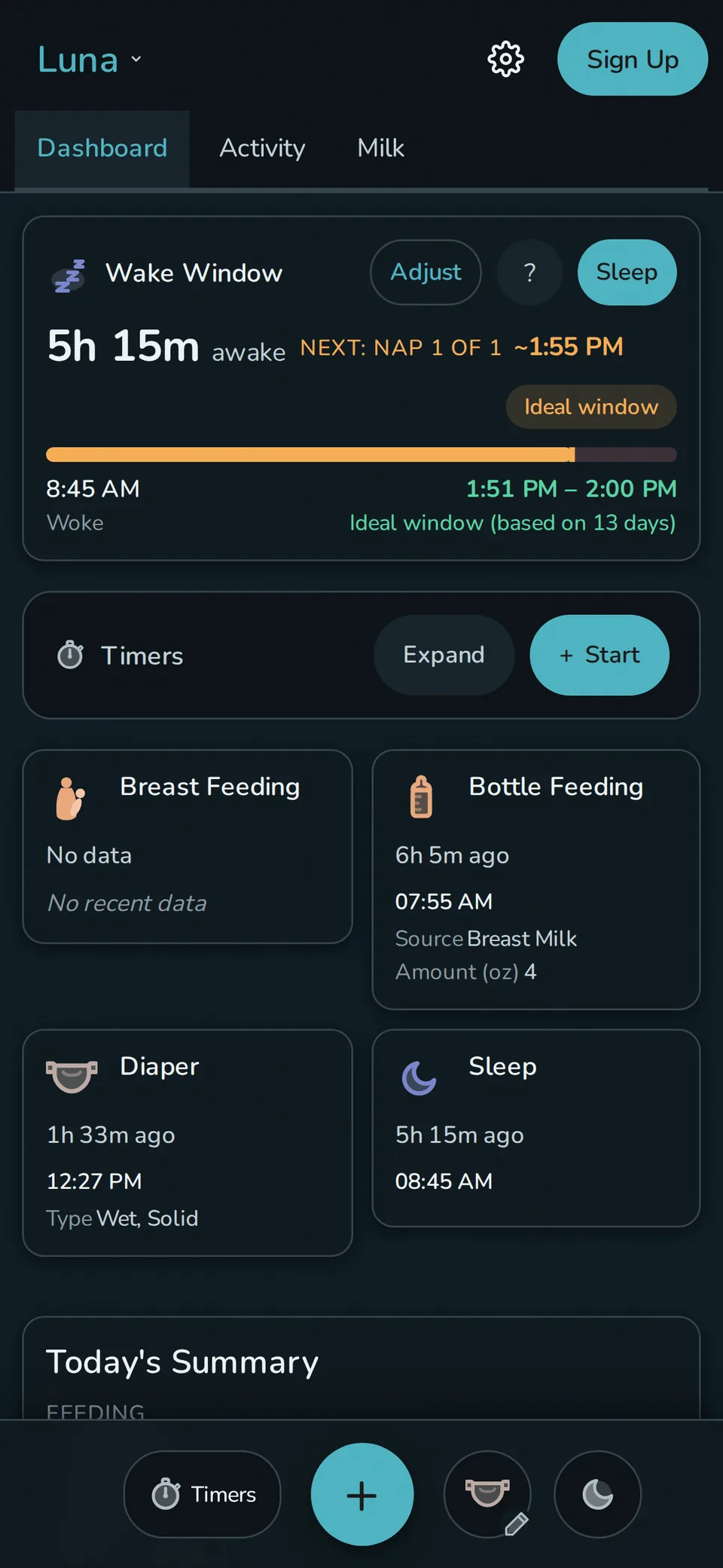 Rhythm baby tracker dashboard in the Boreal dark theme