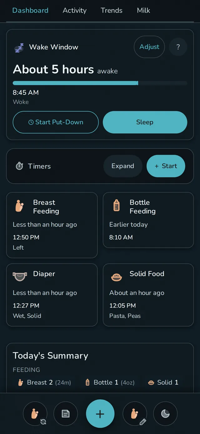 Dashboard in Calm Mode: about 5 hours awake with no nap prediction, breast feeding and a diaper less than an hour ago, and a bottle earlier today