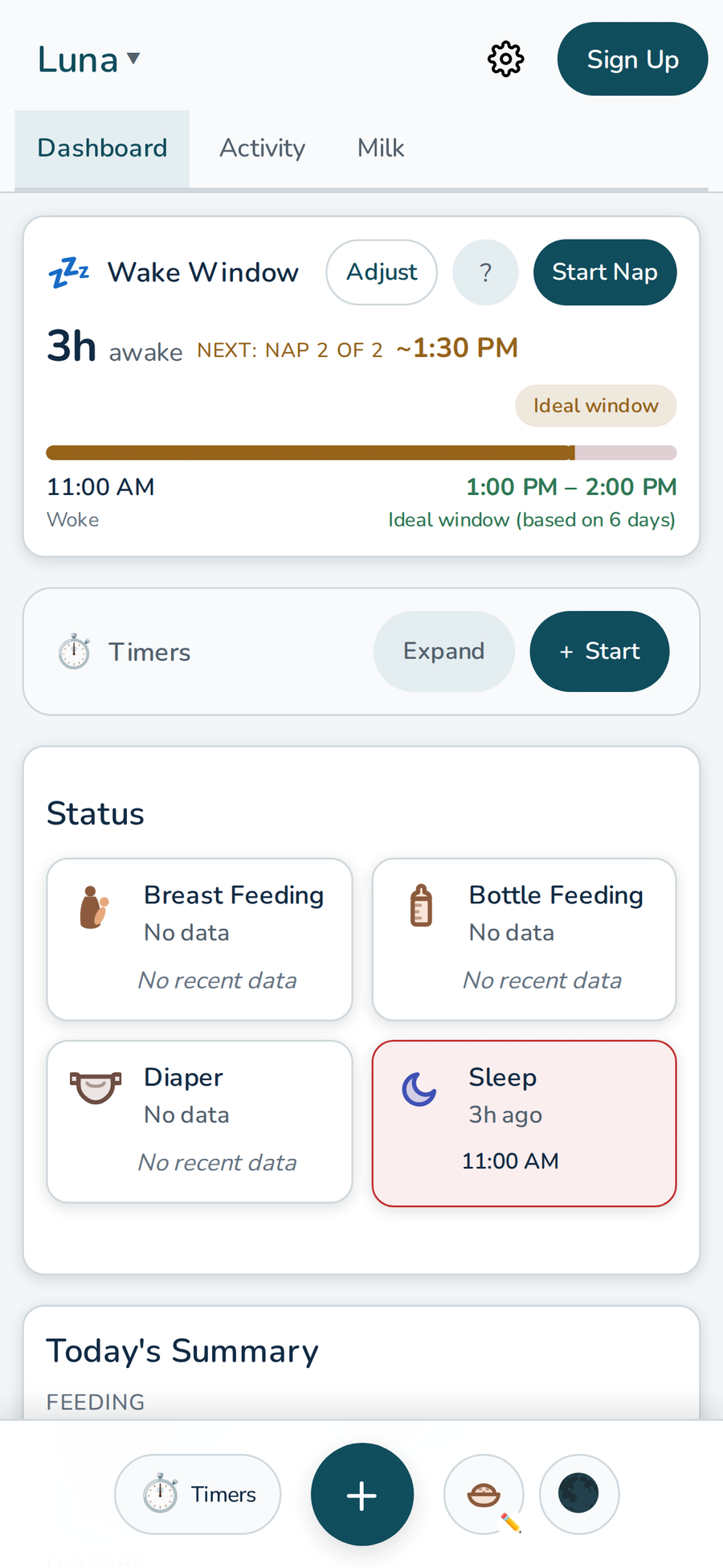 Dashboard showing wake window predictions with transparent data sourcing