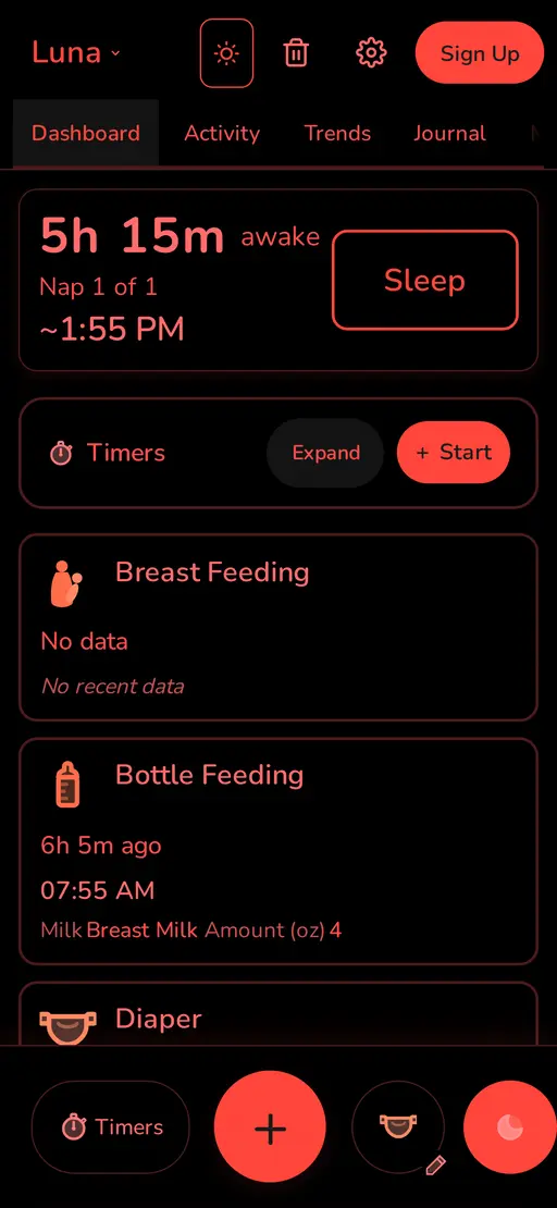 Midnight Mode - true black screen with red-shifted UI at 3:12 AM