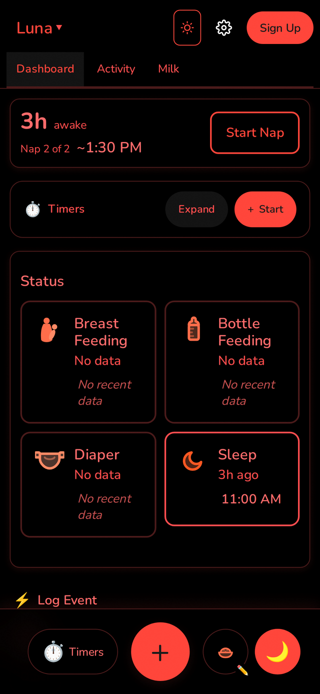 Midnight Mode - true black screen with red-shifted UI at 3:12 AM