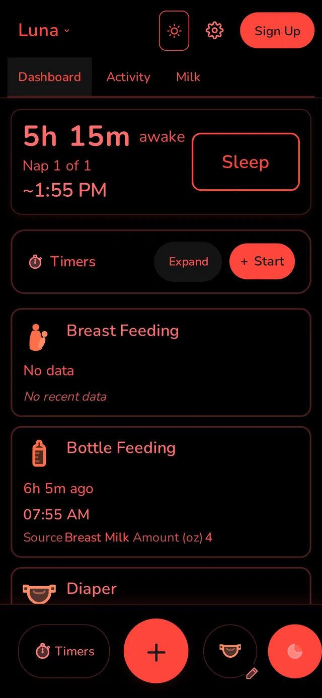 Midnight Mode - true black screen with red-shifted UI at 3:12 AM