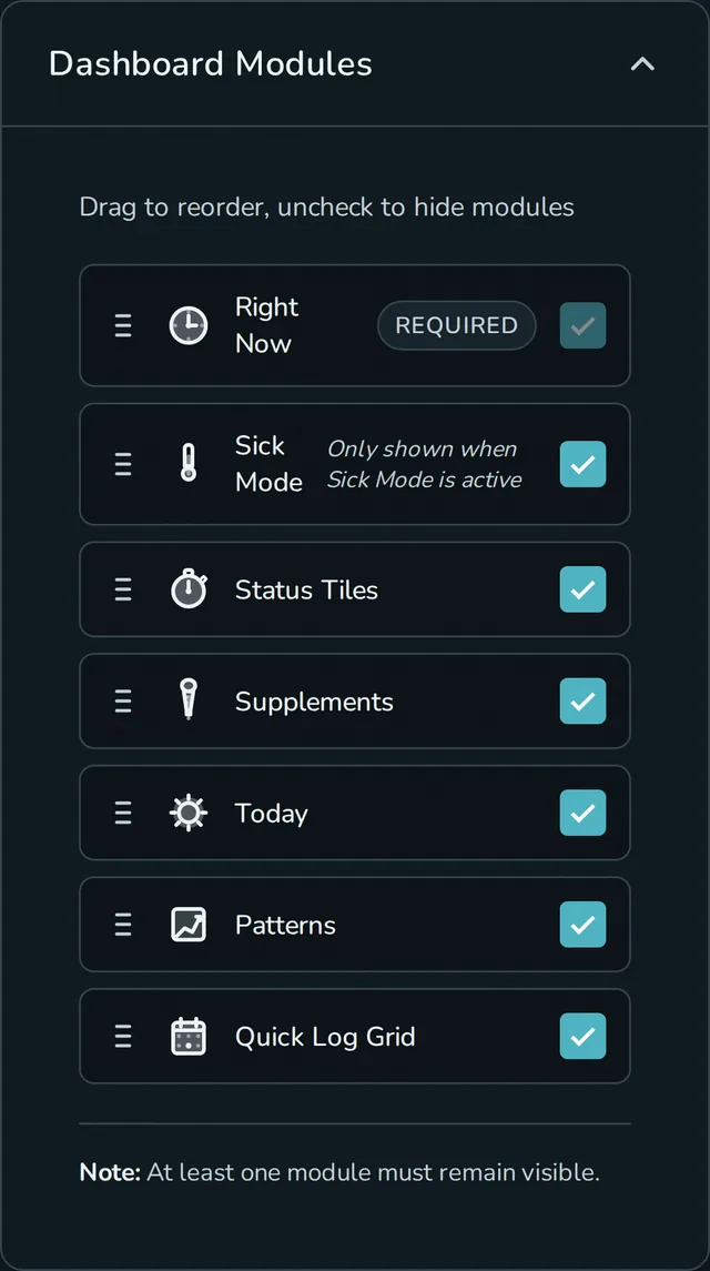 Dashboard Modules settings showing drag-to-reorder list with Right Now, Sick Mode, Status Tiles, Supplements, Today, Patterns, and Quick Log Grid