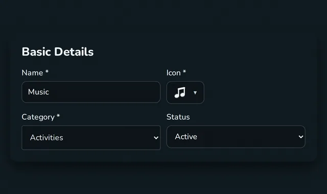 Creating a Music event in Rhythm with a music note icon and Activities category