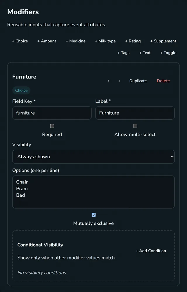 Event type form showing modifier field types and a Furniture choice field with Chair, Pram, and Bed options