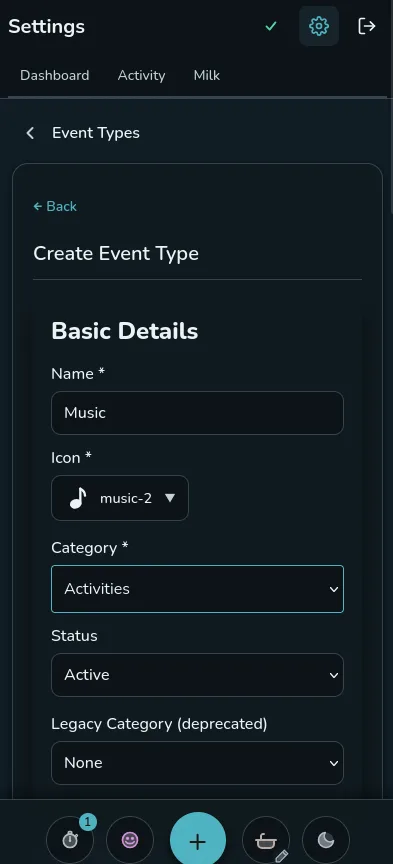 Creating a Music event in Rhythm with a music note icon and Activities category