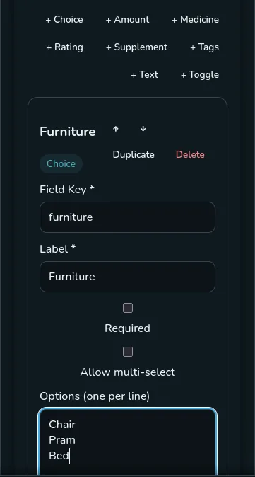Event type form showing modifier field types and a Furniture choice field with Chair, Pram, and Bed options