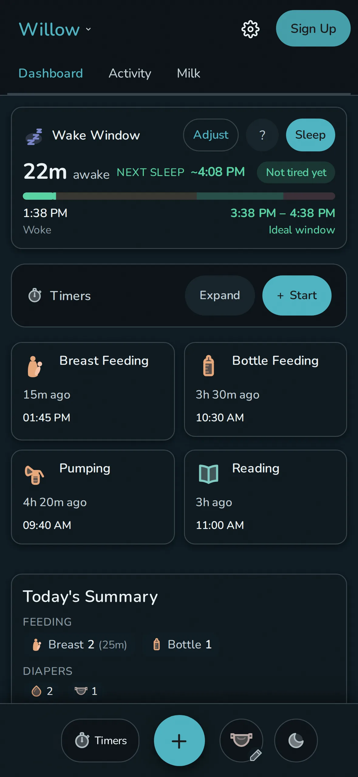 Rhythm dashboard for an infant: the same wake window card on top, now with breast feeding, bottle feeding, pumping, and reading tiles and a daily feeding summary