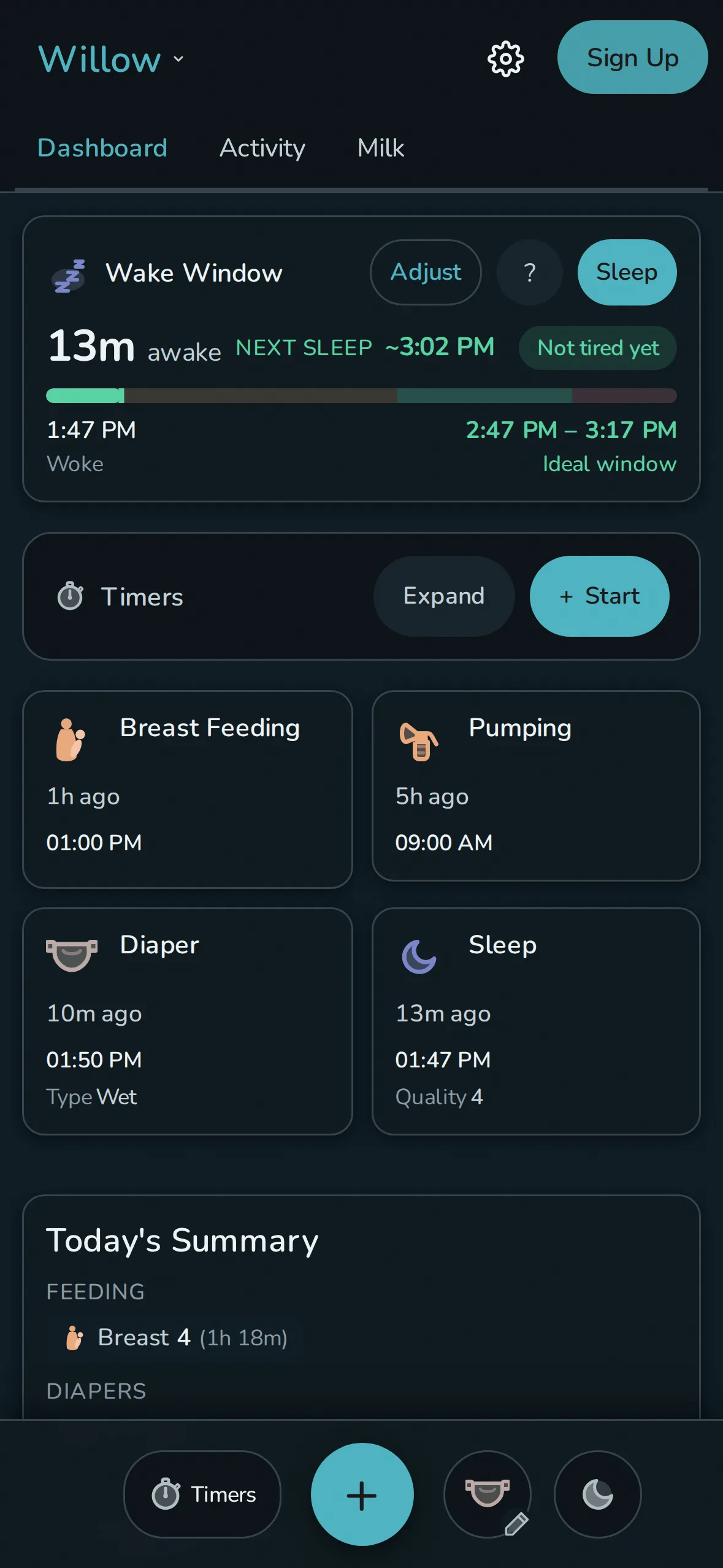 Rhythm dashboard for a newborn: wake window card on top predicting the next sleep about an hour out, with breast feeding, pumping, diaper, and sleep tiles below
