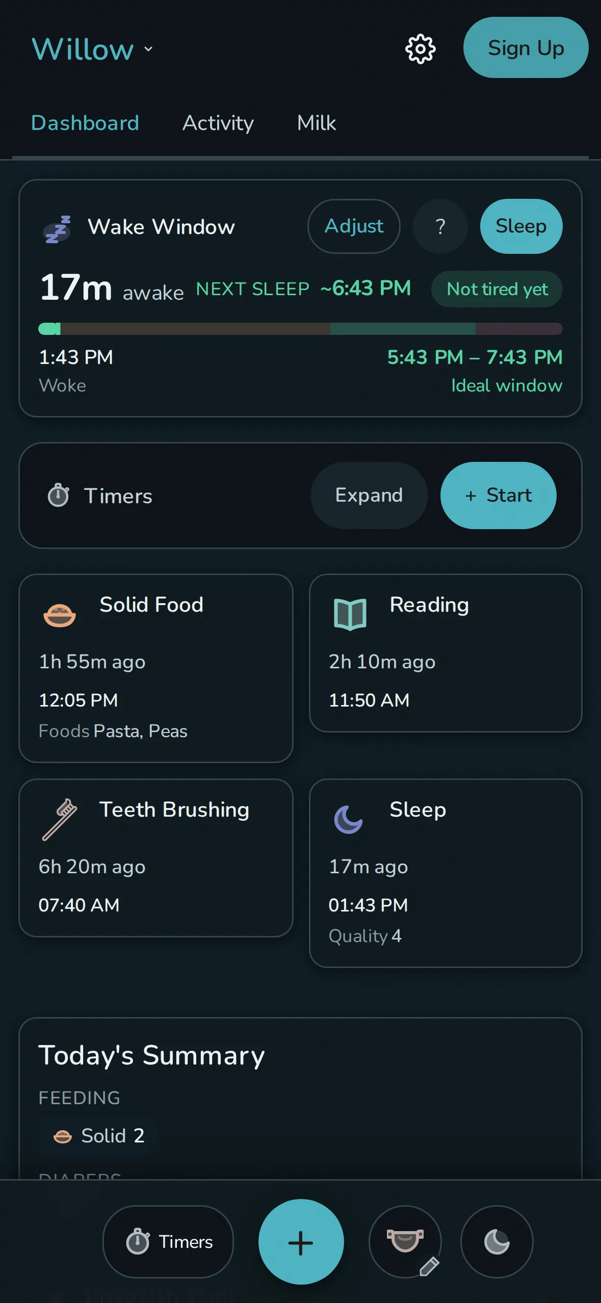 Rhythm dashboard for a toddler: the same wake window card stretched to a toddler's afternoon, with solid food, reading, teeth brushing, and sleep tiles below
