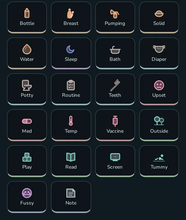 Rhythm's log-event grid on a phone: bottle, breast, pumping, solids, water, sleep, bath, diaper, potty, routine, teeth, upset, medicine, temperature, vaccine, outdoors, play, reading, screen time, tummy time, fussy, and note