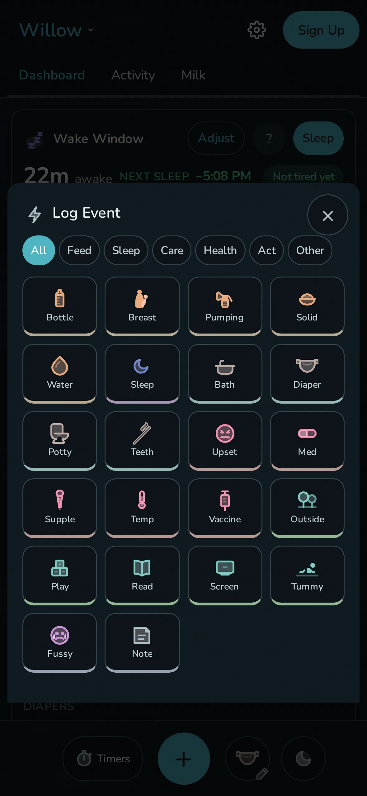 Rhythm's log-event sheet open on a phone, showing built-in events for bottle, breast, pumping, solids, water, sleep, bath, diaper, potty, teeth, and more, filtered by category