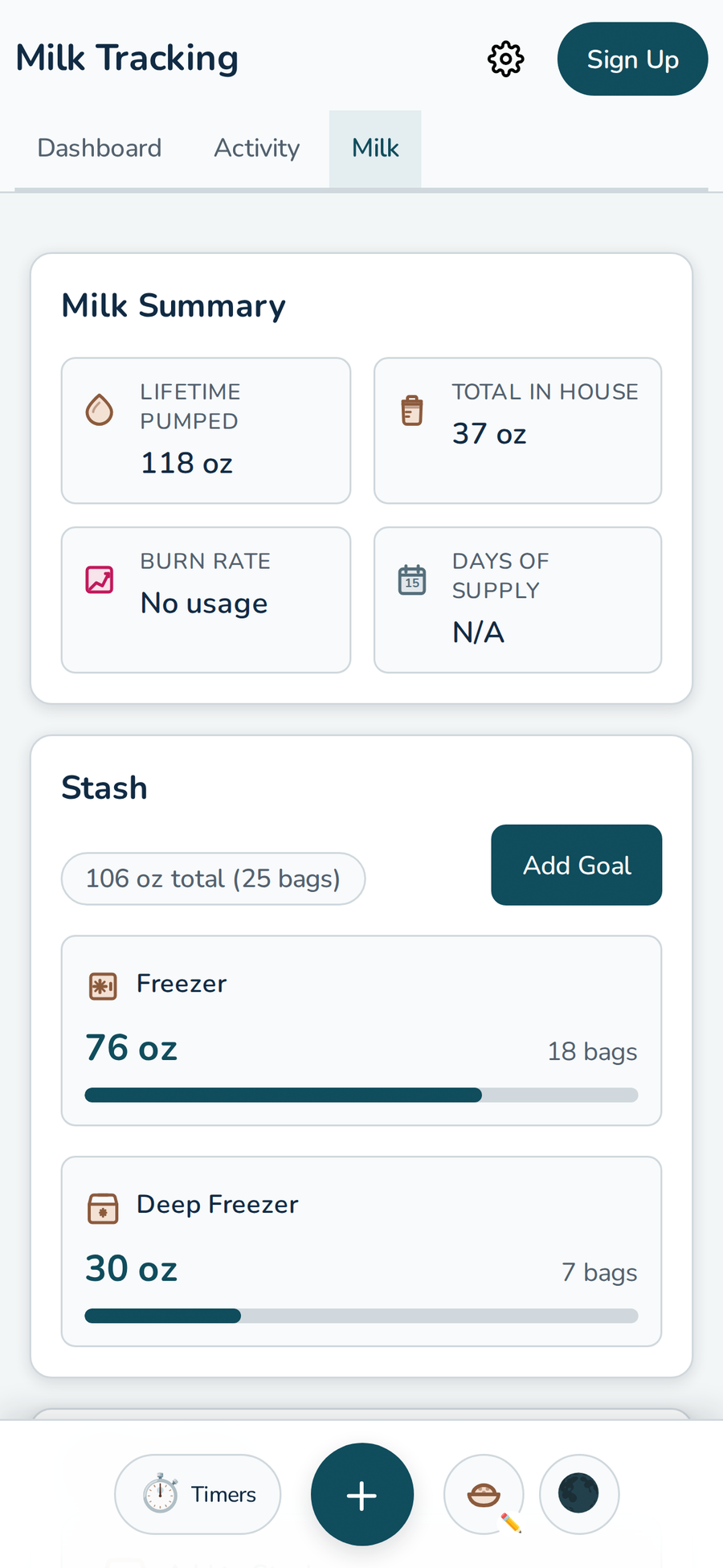 Milk stash inventory tracking bags by location with days of supply