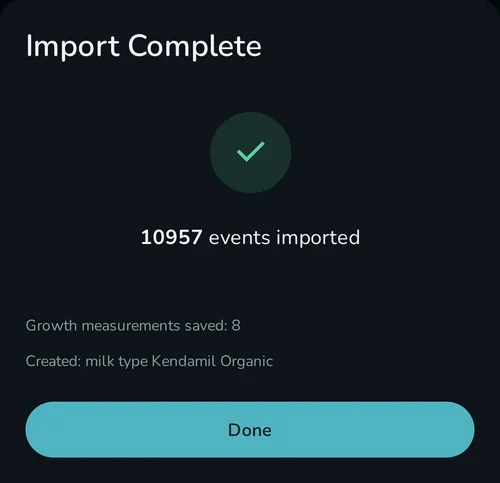 Rhythm's Nara import result: Import Complete, 10957 events imported, growth measurements saved: 8, and a milk type created for Kendamil Organic