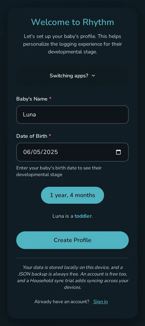 Rhythm's first screen: set up Luna's profile with just a name and birth date, with a note that the data is stored locally on this device and a JSON backup is always free
