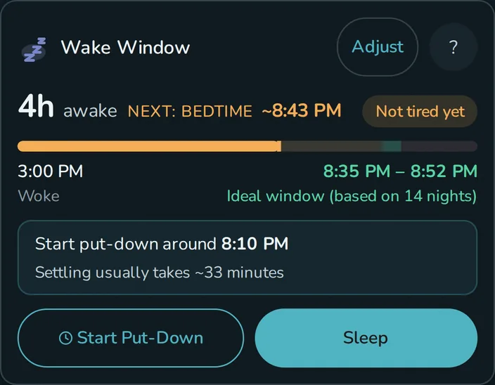 Wake window card in the evening showing 4h awake, next bedtime around 8:43 PM, and a put-down cue reading Start put-down around 8:10 PM, settling usually takes about 33 minutes