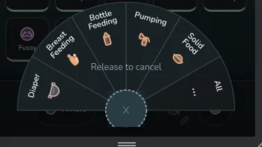Radial thumb dial showing Breast Feeding, Bottle Feeding, Pumping, Solid Food, and Diaper wedges