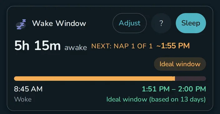 Dashboard showing wake window prediction with time remaining and nap count