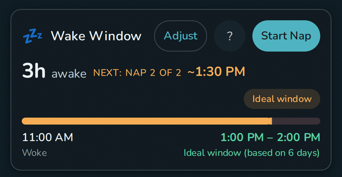 Dashboard showing wake window prediction with time remaining and nap count