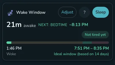 Wake window prediction showing 21 minutes awake, bedtime estimate at 8:13 PM based on 14 days of data